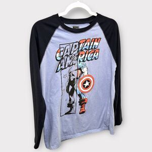 Marvel Captain America T Shirt Blue Medium 100% Cotton Men’s Long Sleeve Graphic